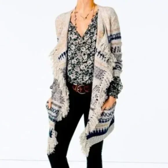 CABI Shetland Fringe Drape Front Oversized Waterfall Cardigan Sweater Size Small - Picture 2 of 11